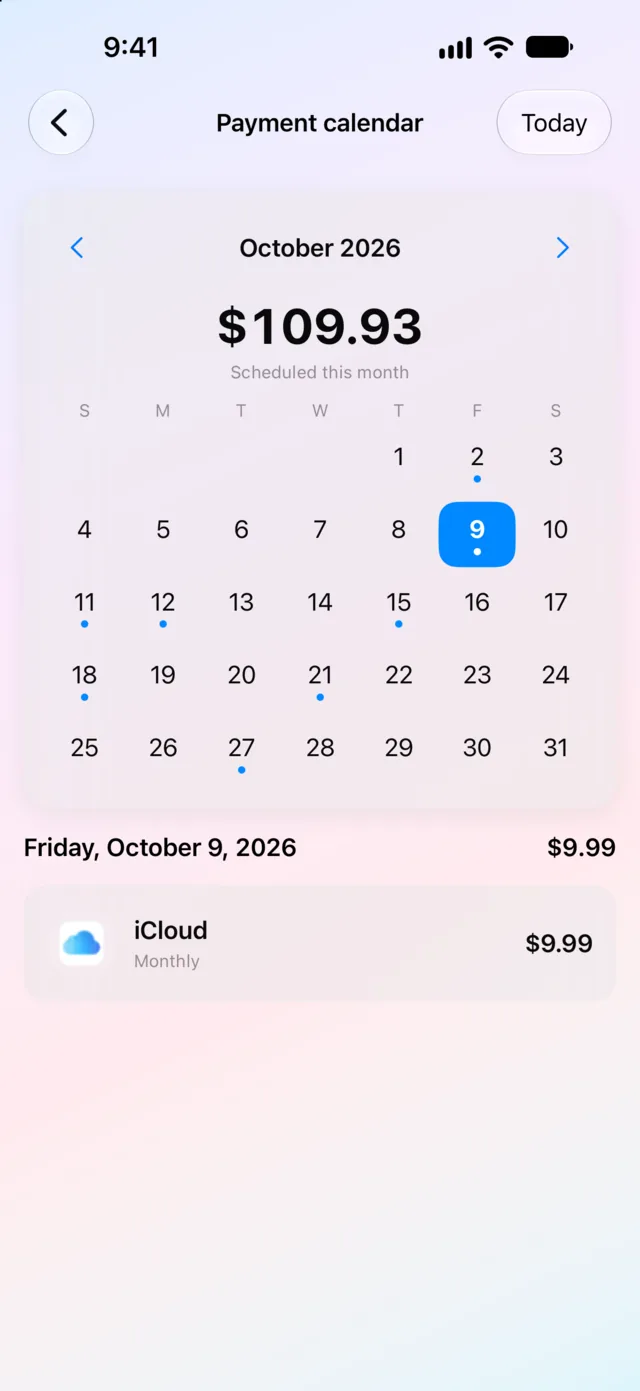 Monli payment calendar for October with scheduled charges