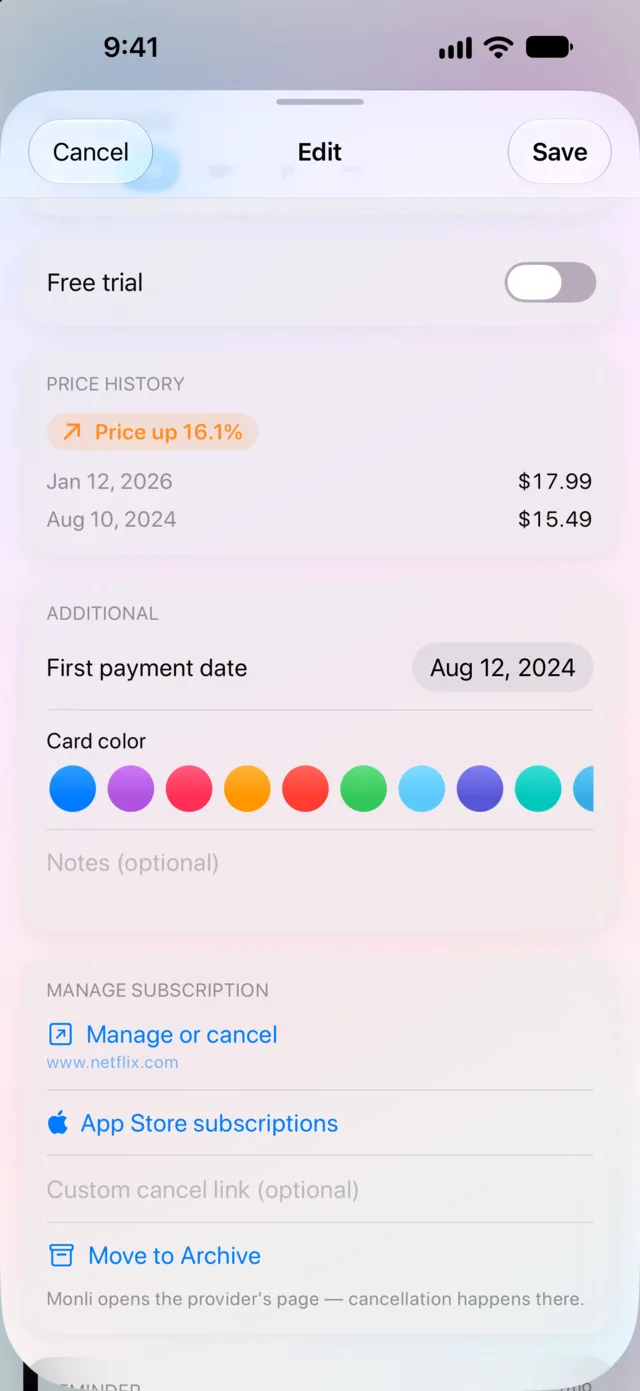 Subscription details with price history showing a 16.1% price increase and a Manage or cancel link