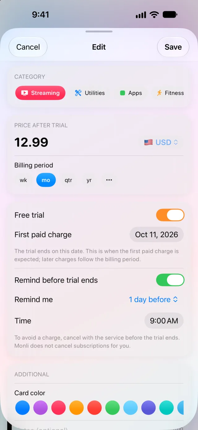 Editing a free trial in Monli with the first paid charge date and a reminder one day before the trial ends
