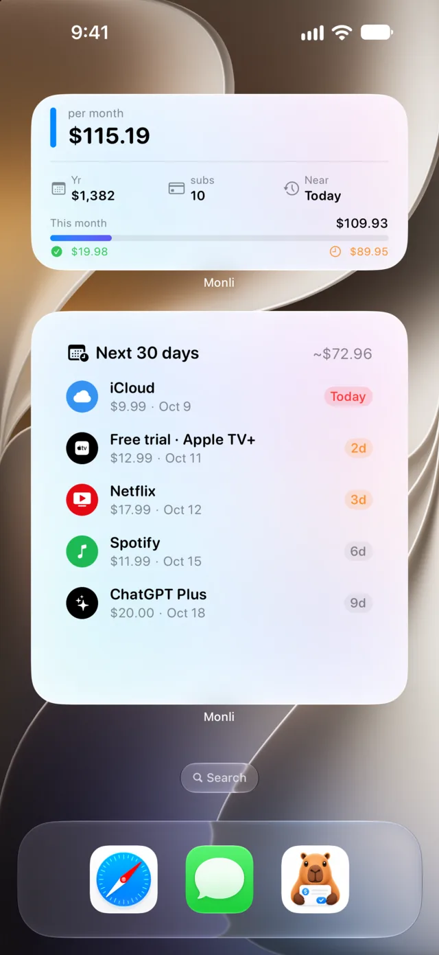 iPhone Home Screen with Monli widgets showing monthly spend and next charges